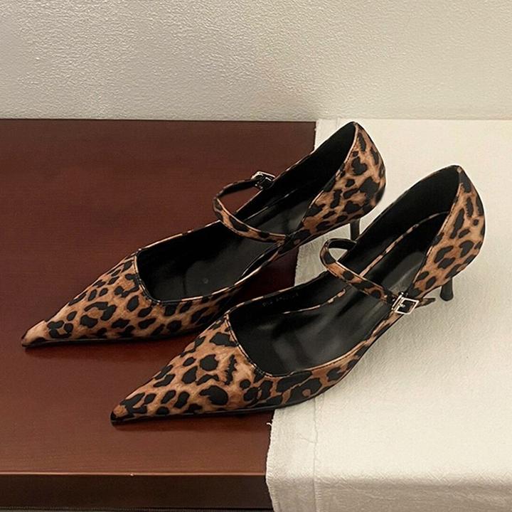 2025新款高级感尖头高跟鞋不累脚豹纹一字扣带细跟浅口软皮单鞋女