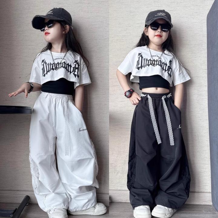 女童夏季短款露腰爵士舞短袖三件套中大童蕾丝拼接速干阔腿裤套装