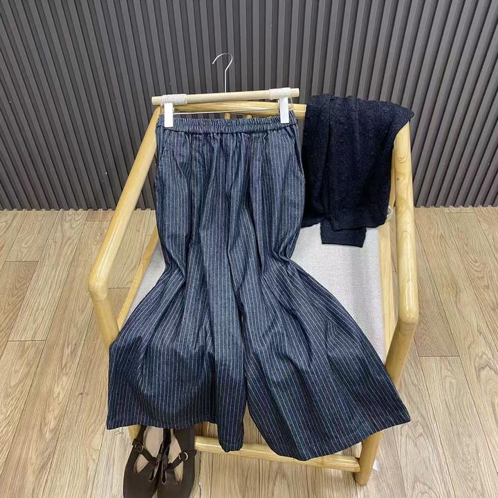 早秋复古竖条纹纯棉阔腿裤松紧高腰显瘦百搭松弛感九分裤女K216