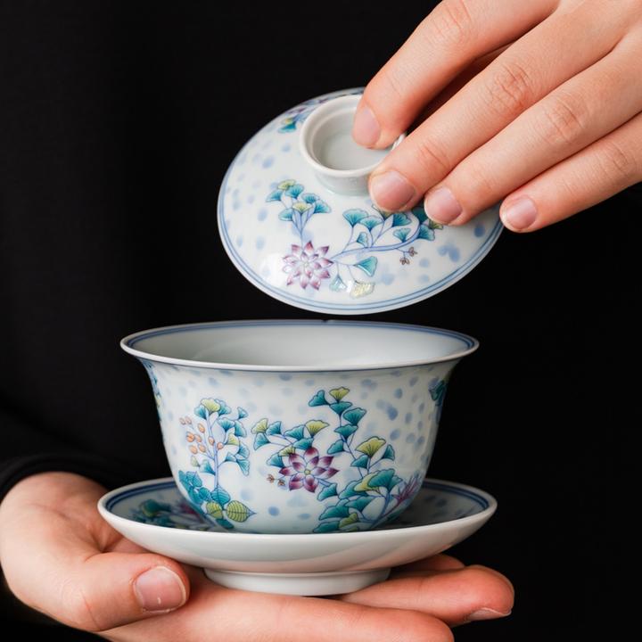 斗彩银杏花盖碗釉上彩精致高端茶具茶碗泡茶悬停贴花复古送礼三才