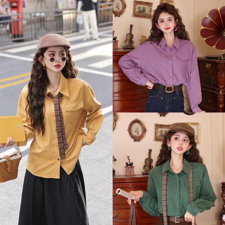 陈大器【深邃松林】港风复古纯色气质长袖百搭宽松衬衫JR3882135