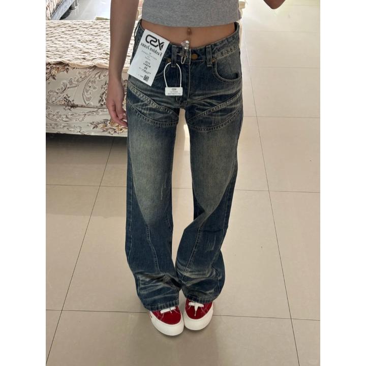 美式复古设计感蓝色牛仔裤女2025夏季新款高腰显瘦显高阔腿直筒裤