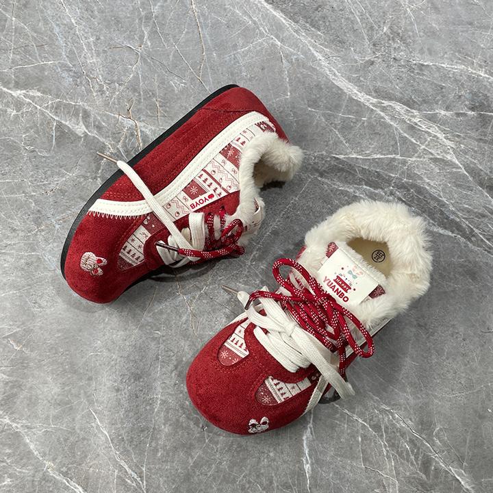 红色保暖鞋子女2025冬季爆款加绒德训鞋小众原创休闲时尚二棉鞋子