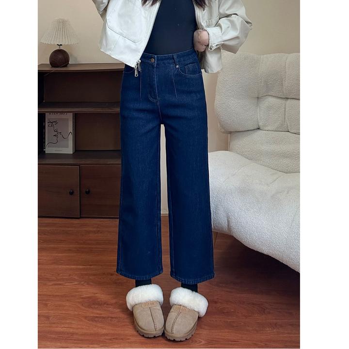 冬季加绒加厚窄版直筒牛仔裤大码微胖宽松显瘦遮胯不挑身材直筒裤