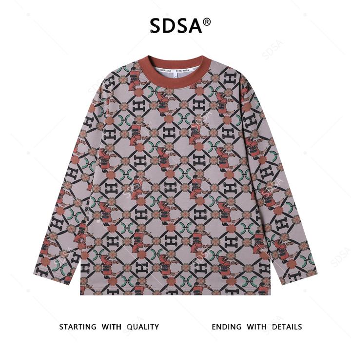 SDSA男士秋冬新款痞帅男装潮牌满印字母花卉圆领长袖T恤时尚宽松