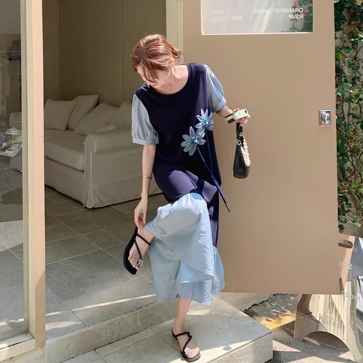 法式泡泡袖连衣裙夏季女2025新款优雅气质氛围感立体花朵鱼尾裙潮