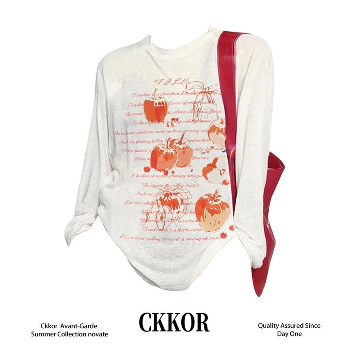 CKKOR韩系简约秋冬新款长袖t恤薄款透气百搭小众设计感卡通风罩衫