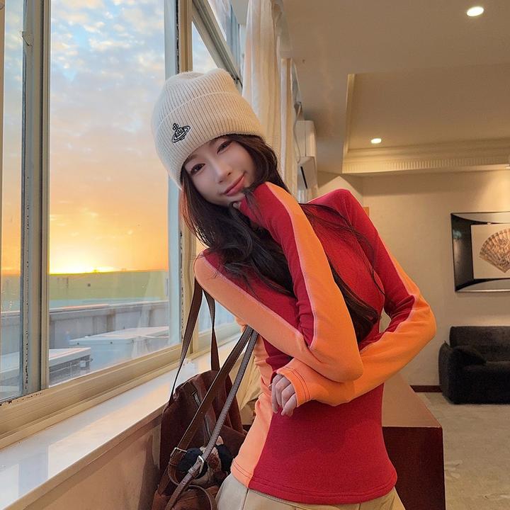 2025韩系撞色双面拼接打底衫t恤女秋冬显瘦设计感内搭上衣8057