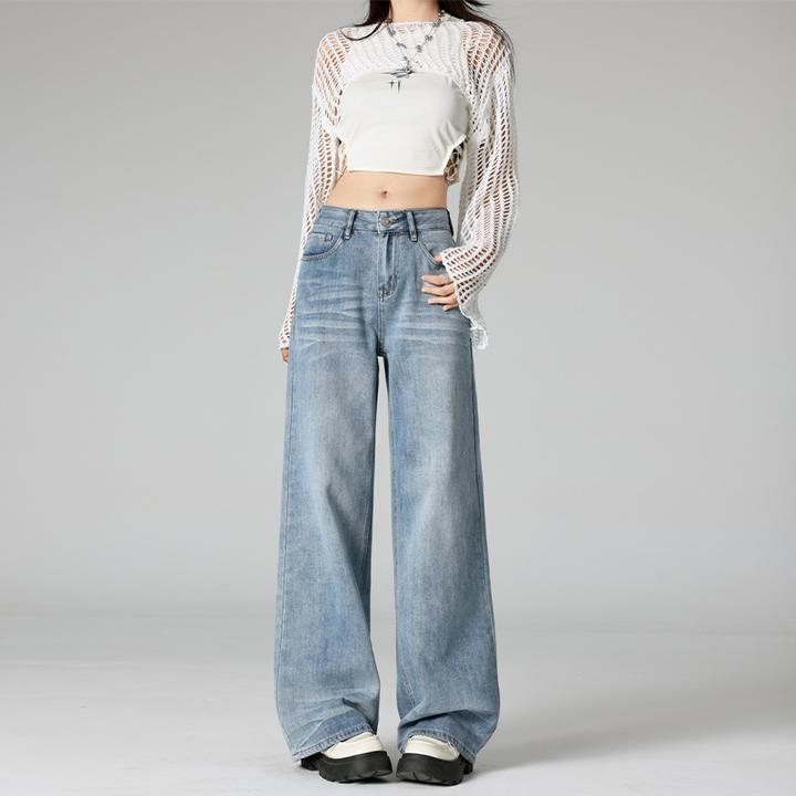 早秋新款美式复古折痕做旧阔腿牛仔裤女年装新款直筒宽松拖地长裤