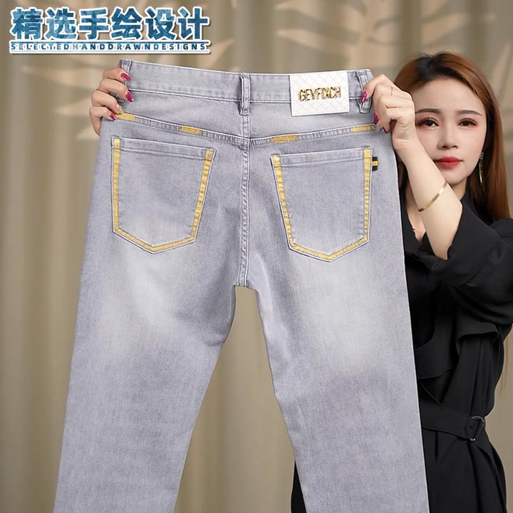 人工手绘浅灰色牛仔裤男士春夏季新款修身小直筒裤欧货轻奢商务裤
