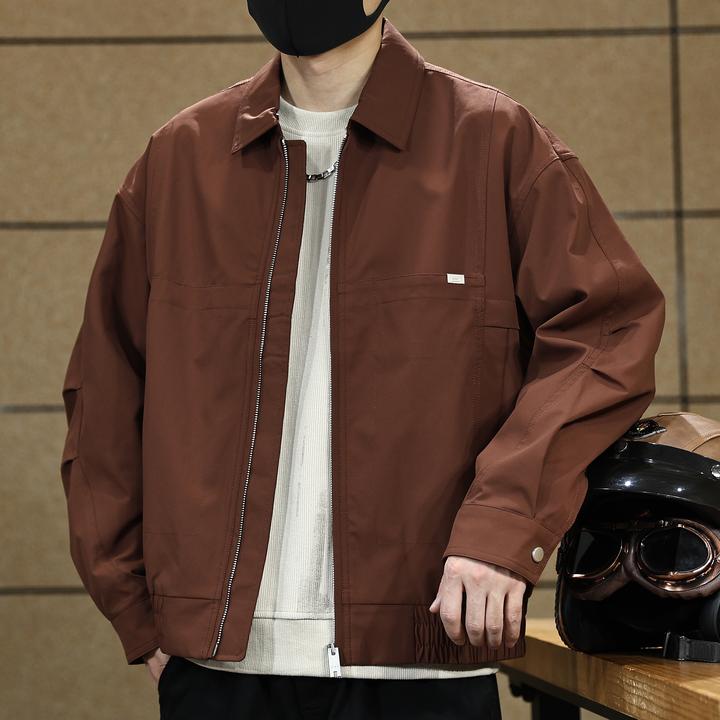 高级感红色外套男士潮牌宽松褶皱设计痞帅休闲工装夹克男秋季上衣