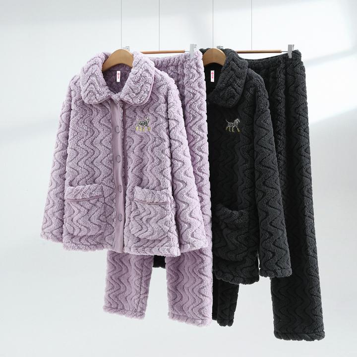 芬腾新款情侣睡衣女士珊瑚绒加绒加厚保暖长袖长裤男士家居服套装