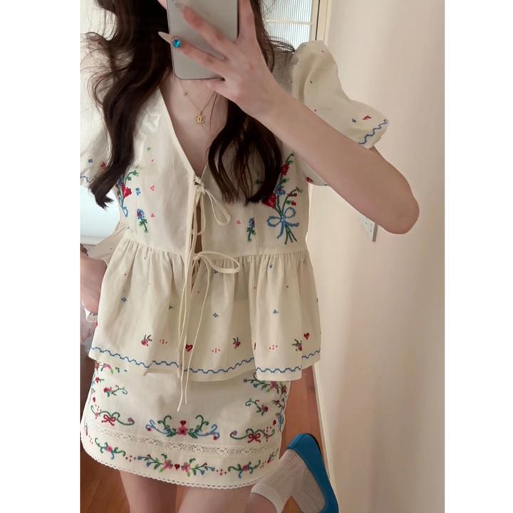 甜美风重工花朵刺绣上衣白色蝴蝶结短袖衬衫/长短半裙春套装