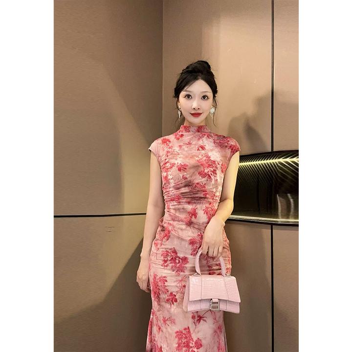 【香香设计师】夏季修身显瘦开叉新中式旗袍时尚碎花连衣裙21684