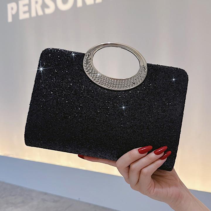 闪闪黑色圆环手拎包镶钻链条包包名媛宴会礼服晚宴包法式精致手包