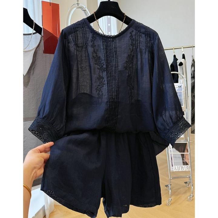 K00761韩系刺绣小衫短裤两件套时尚穿搭女巨好看的爆款夏日套装薄