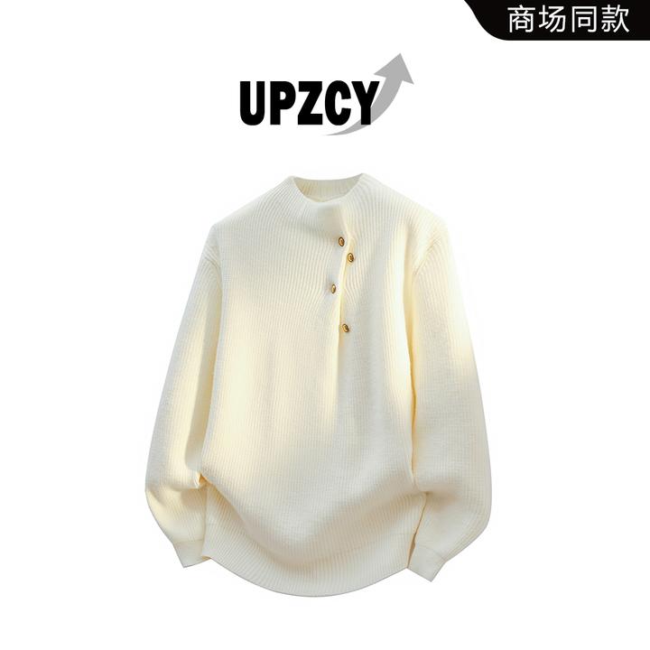 UPZCY秋冬半高领纽扣针织毛衣男士休闲百搭时尚针织衫高级感上衣