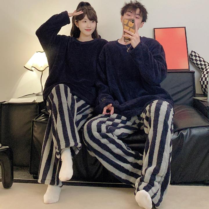情侣睡衣女秋冬季珊瑚绒男士冬天可外穿长毛绒家居服保暖条纹套装