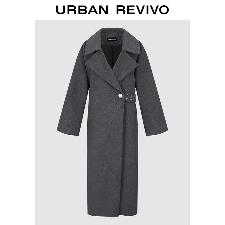UR2025秋季新款女装腰带长款大衣呢料外套UWG150098+
