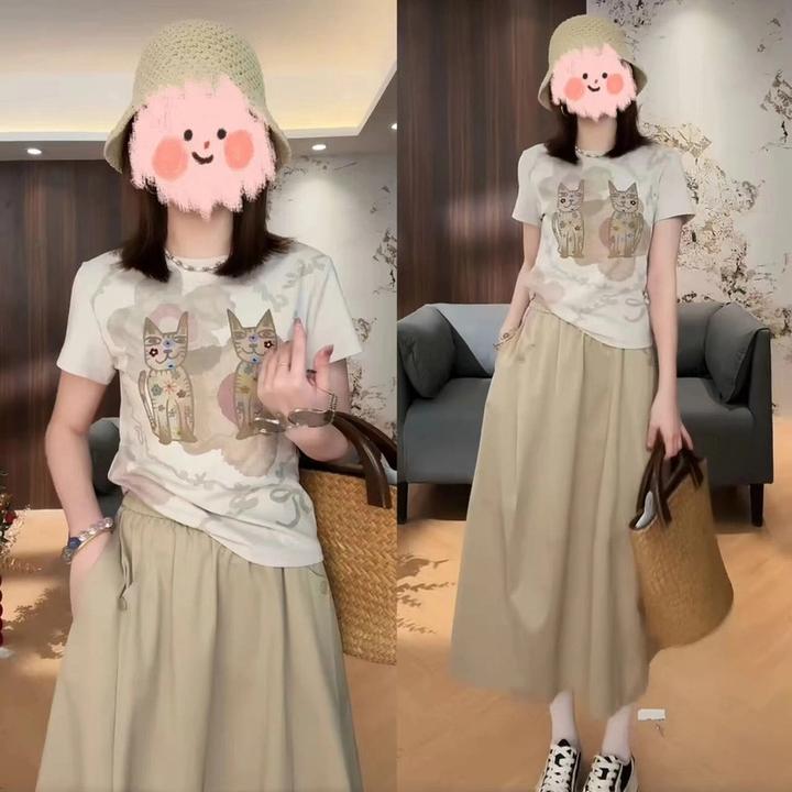 2025夏季新款时尚休闲复古印花短袖T恤+半身裙两件套减龄套装时髦