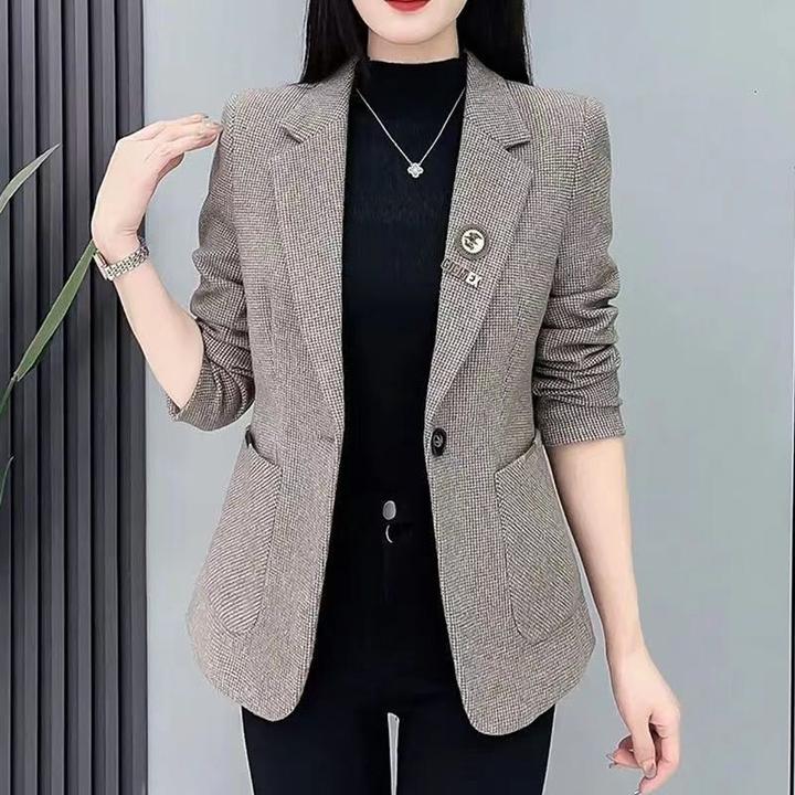 2024春秋新款修身格子小西服上衣千鸟格毛呢西装外套女短款小个子