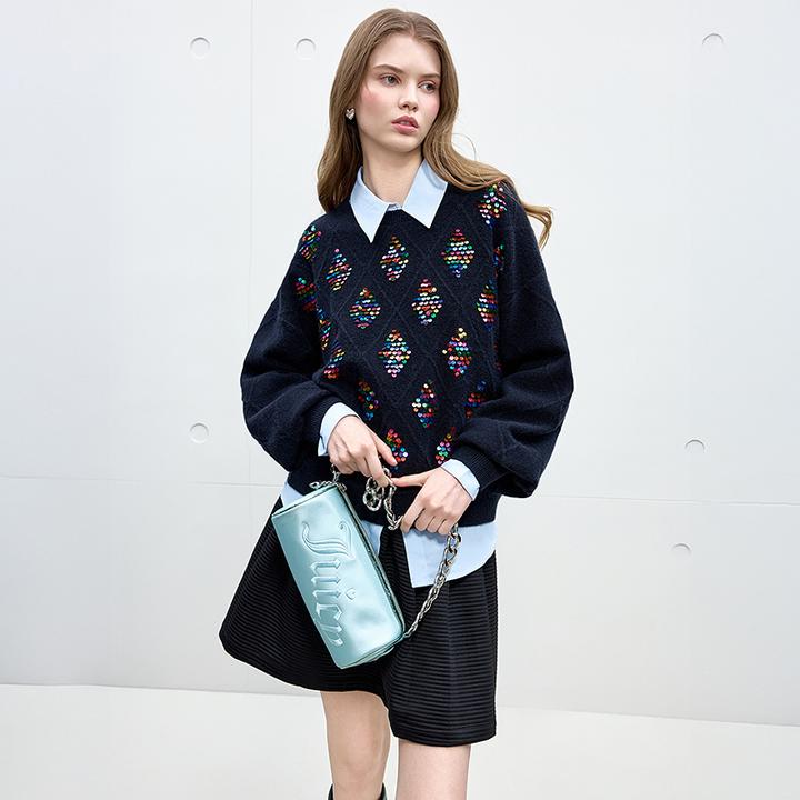 Juicy Couture橘滋25新款彩色亮片刺绣立体提花圆领毛衣女