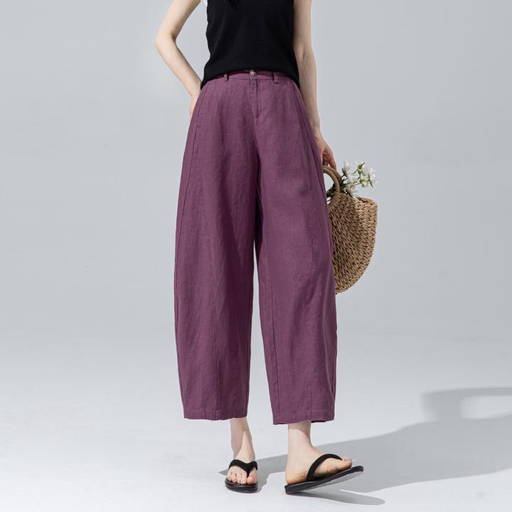 葡萄紫裤子2025新款今年流行爆款高端亚麻女裤夏季薄款宽松哈伦裤