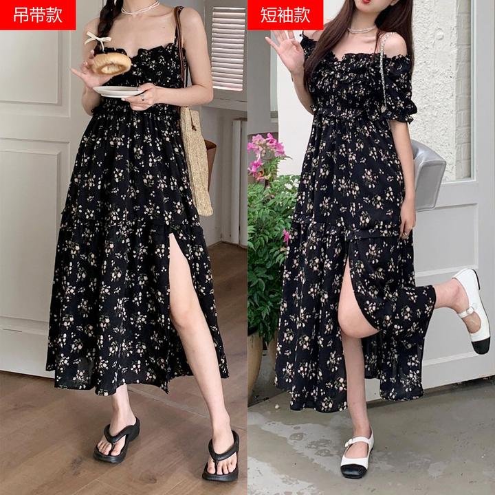 碎花吊带短袖连衣裙子夏季优雅拼接中长款显瘦气质时尚高腰法式洋
