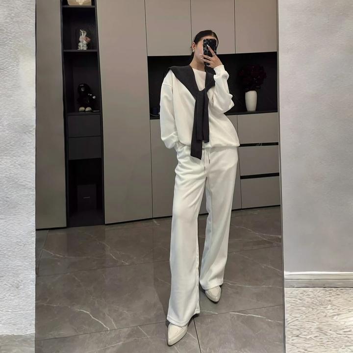 白色休闲运动套装女2025秋新款高级感时髦极简纯色卫衣卫裤两件套