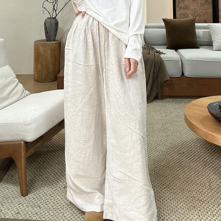 新款长裤轻职风松紧早春新中式休闲裤文艺宽松白色复古服装松紧腰