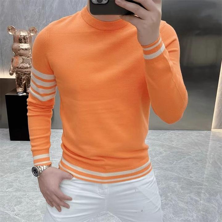 轻奢欧货秋冬针织长袖简约条纹男士毛衣打底衫修身百搭高级感毛衣