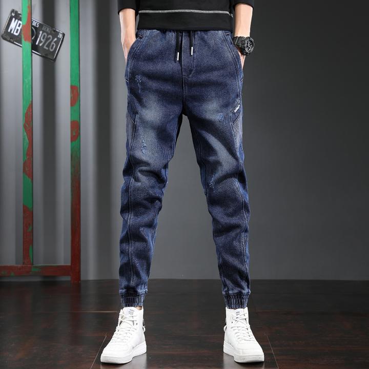 秋冬男款牛仔裤黑色潮牌百搭哈伦裤直筒宽松深蓝色加绒加厚束脚裤