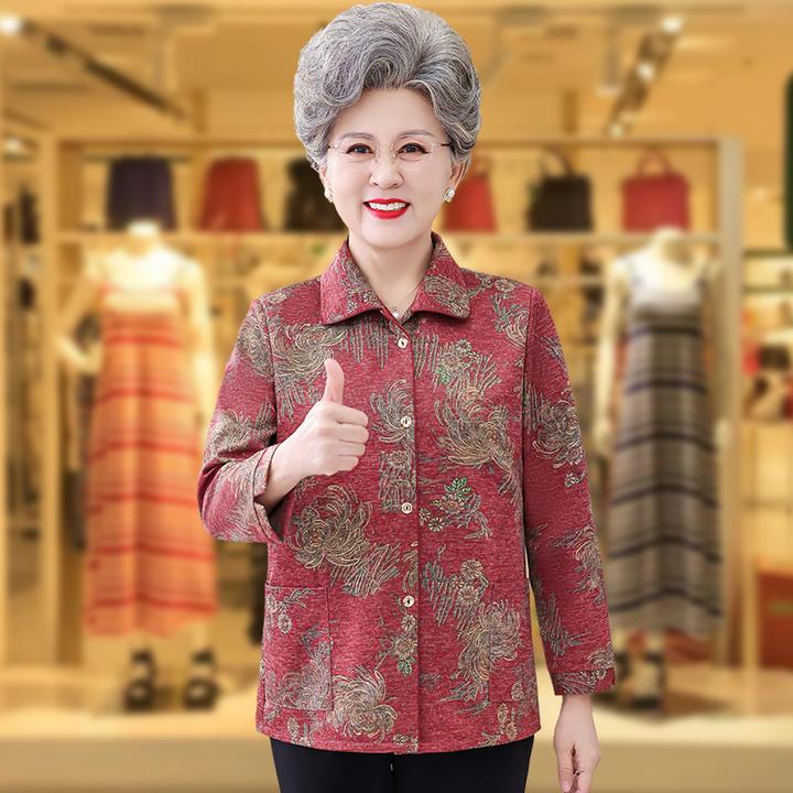 中老年人妈妈装春秋季翻领薄外套女奶奶洋气衬衫70岁80太太上衣服