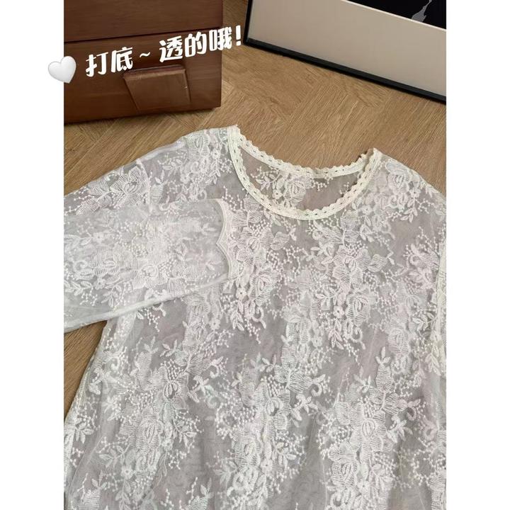 晶咕佳佳【叠穿搭档】圆领绣花重工感打底T恤气质长袖网纱透感