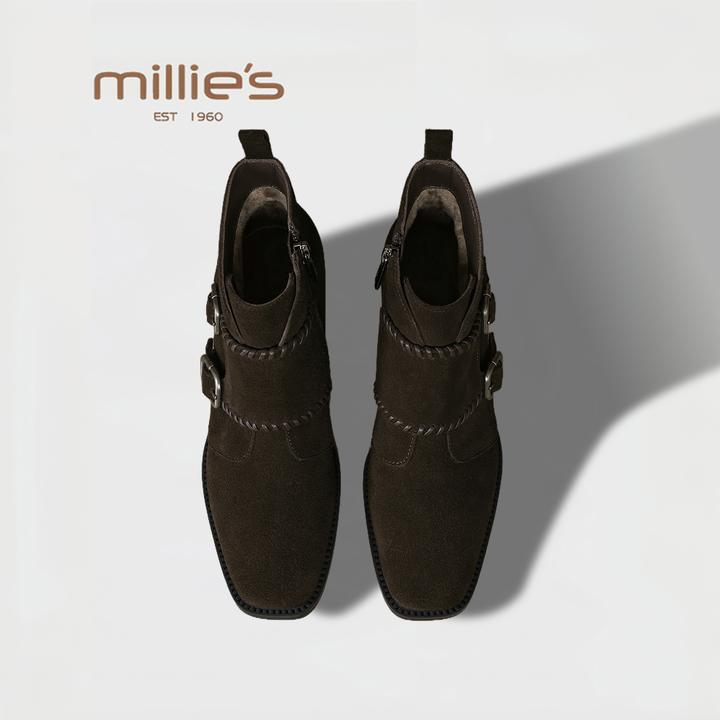 MILLIE'S/妙丽 英伦风显瘦时装靴2025冬季新款方头粗跟加绒女靴