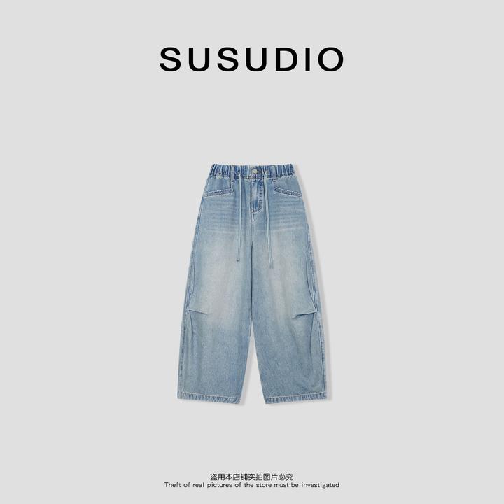 SUSUDIO②  美式休闲松紧腰阔腿显瘦压褶水洗蓝色牛仔裤 40534