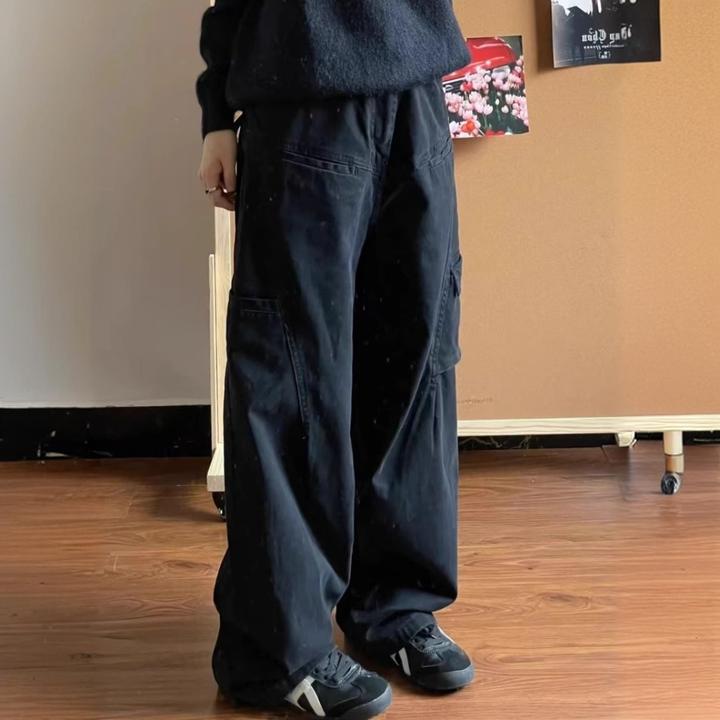 大码美式复古设计感工装牛仔裤女高街直筒宽松显瘦阔腿休闲长裤子