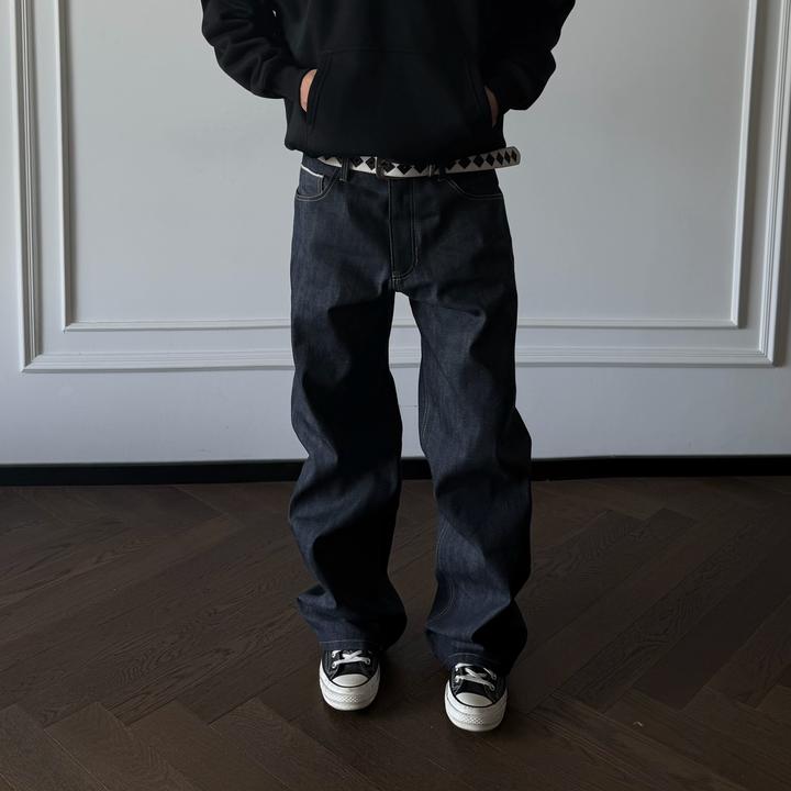 ''TZG''16OZ未脱浆做旧窄幅红边赤耳原牛复古直筒百搭纯色牛仔裤