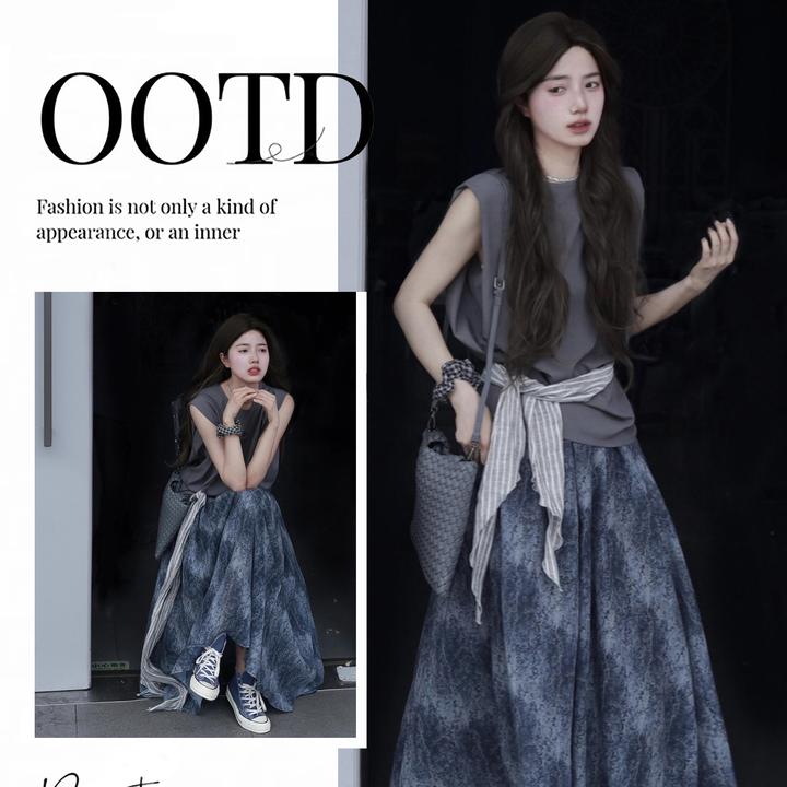 【新年不放假】复古慵懒风无袖T恤上衣扎染半身裙子套装