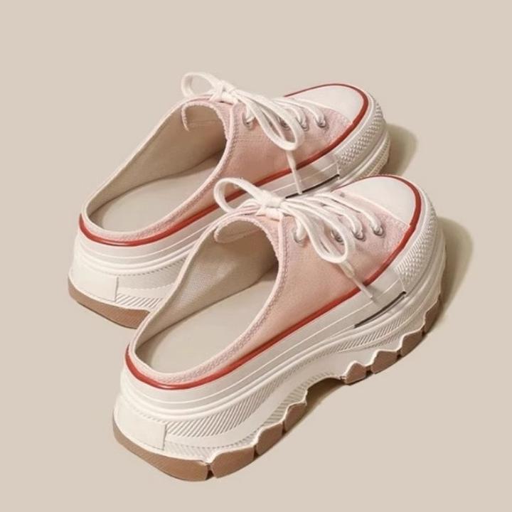 欧若风小众半拖鞋女夏季新款踩脚帆布鞋舒适休闲鞋潮包头平底女鞋