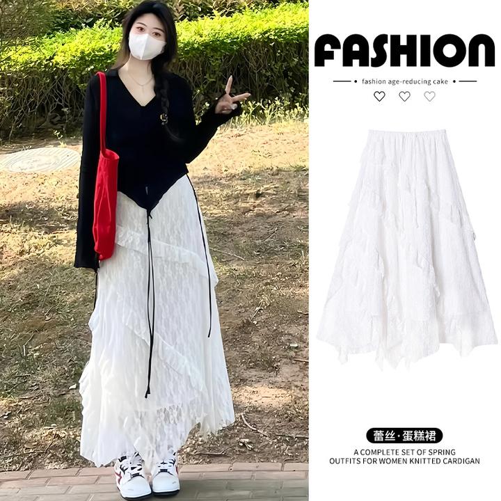 白色蕾丝半身裙女夏季2025新款高腰垂感a字半裙长裙不规则蛋糕裙