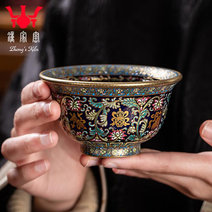 钟家窑主人杯单杯景德镇高档收藏级珐琅彩蓝地缠枝八宝压手杯茶器