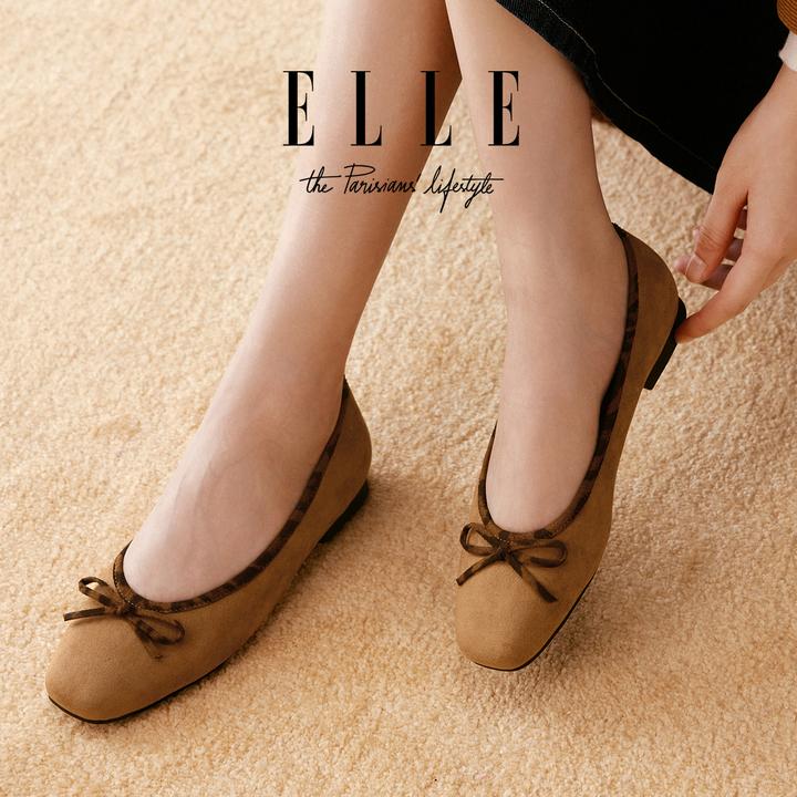 ELLE欧美风豹纹平跟单鞋女气质方头低跟浅口绒面奶奶鞋蝴蝶结瓢鞋