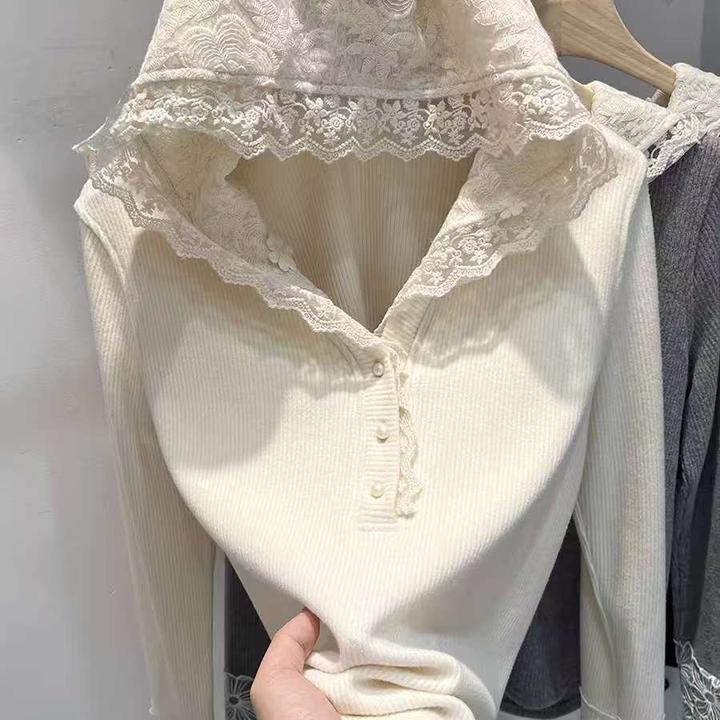 中大童蕾丝拼接连帽长袖坑条T恤女童2025春秋新款甜美打底衫上衣