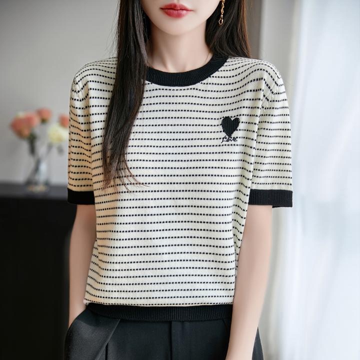 哥弟阿玛施正品新款法式条纹百搭刺绣针织衫夏季薄款圆领短袖上衣