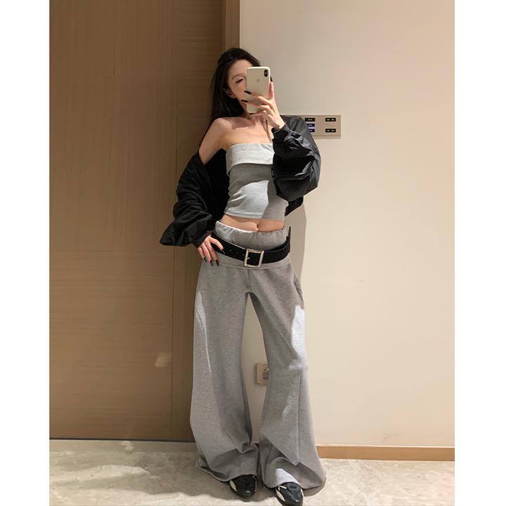 Two Million/辣妹撞色三件套条纹抹胸+纯色外套+拼色翻边拖地裤