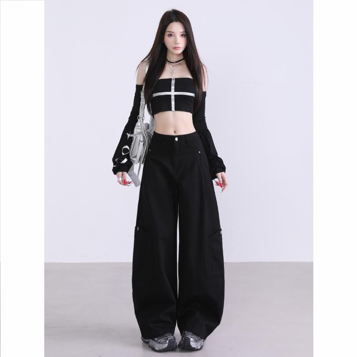 黑色美式老钱风工装休闲裤女2025秋季新款宽松显瘦慵懒百搭弯刀裤