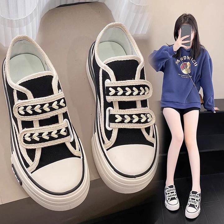 小香风帆布鞋女2025春秋季新款麦穗魔术贴小白鞋厚底老爹运动板鞋