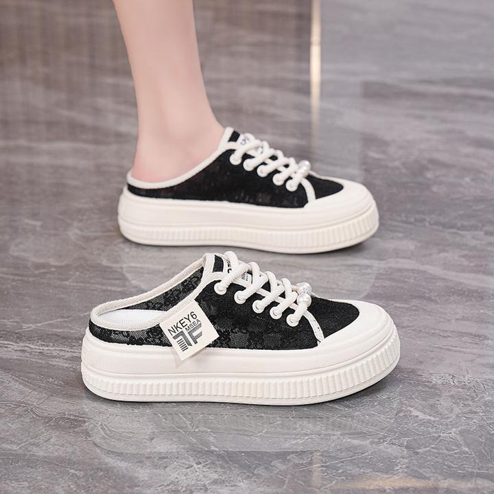 半拖小白鞋2025新款女鞋外穿懒人鞋帆布鞋包头鞋厚底时尚无后跟