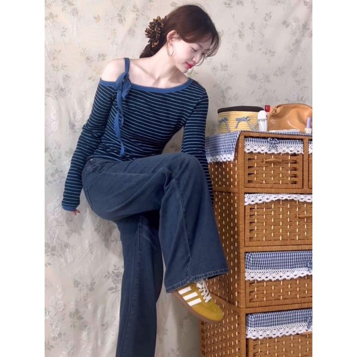 韩版hiphop氛围感撞色条纹斜肩长袖T恤打底衫针织上衣女装春秋款